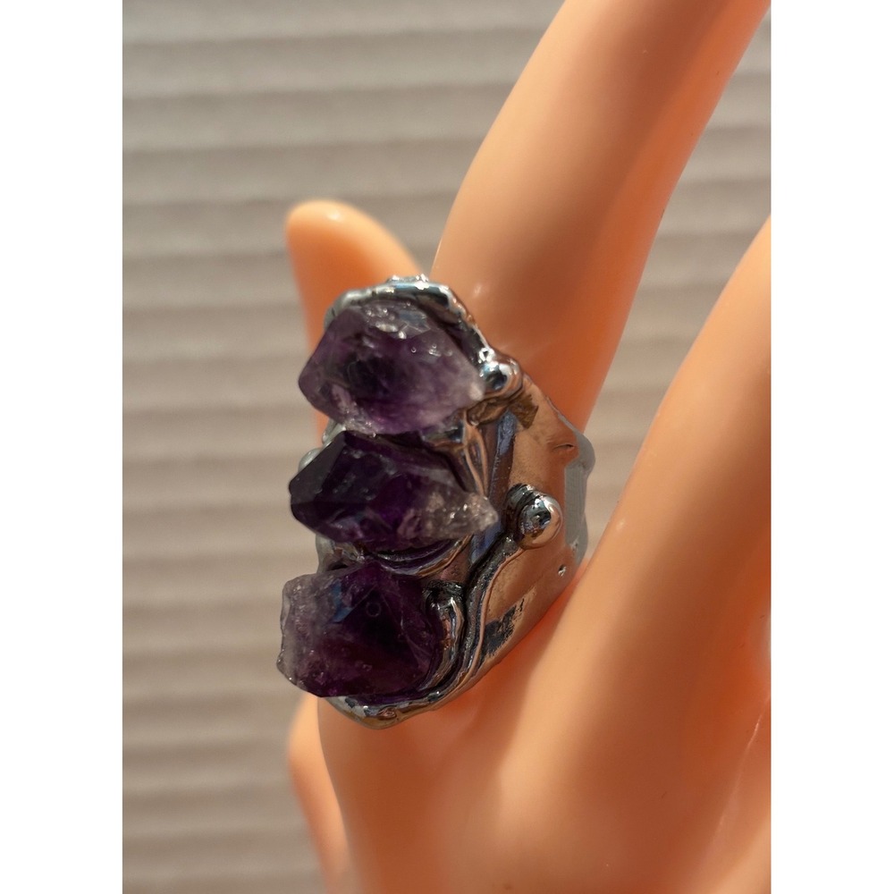 Amethyst Raw Crystal Point Statement Ring Silver Tone Size 9 Bohemian Artisan